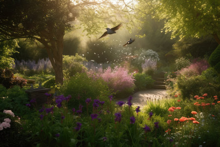 view of tranquil garden, with birds and butterflies flitting among the blooms, created with generative aiの素材
