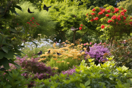 view of tranquil garden, with birds and butterflies flitting among the blooms, created with generative aiの素材