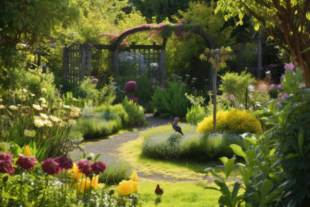 view of tranquil garden, with birds and butterflies flitting among the blooms, created with generative aiの素材