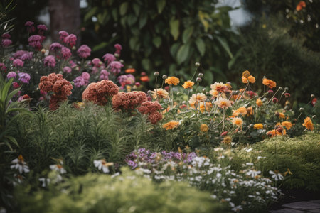 close-up of flower blooms in lush garden landscape, created with generative aiの素材