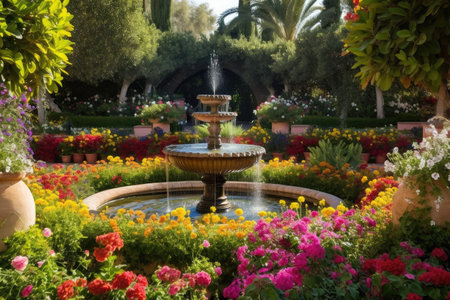 luxurious garden filled with colorful flowers, fountains, and sculptures, created with generative aiの素材