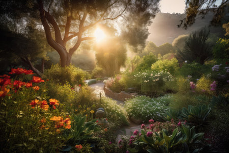 lush garden with a view of the sunrise, showcasing morning light and colors, created with generative aiの素材