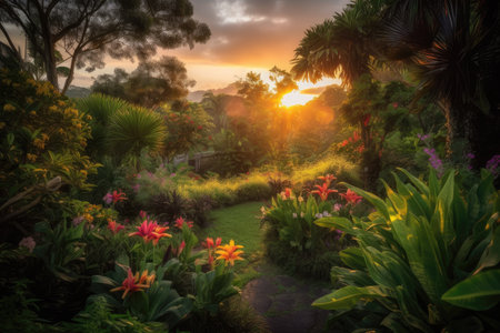 lush garden with a view of the sunrise, showcasing morning light and colors, created with generative aiの素材