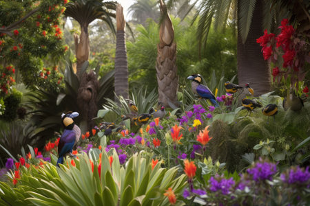exotic garden with vibrant blooms, towering palms and exotic birds, created with generative aiの素材