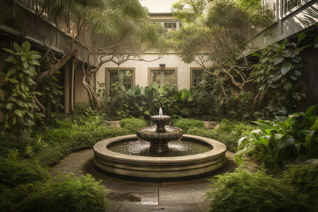 lush garden with fountains and water features, surrounded by greenery, created with generative aiの素材