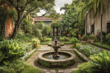lush garden with fountains and water features, surrounded by greenery, created with generative aiの素材