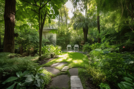 lush garden surrounded by towering trees, providing shade and privacy, created with generative aiの素材