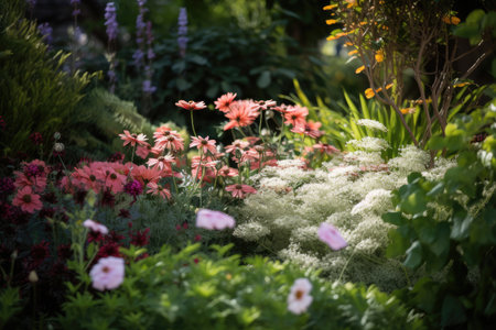 close-up of lush garden landscape, with blooming flowers and foliage visible, created with generative aiの素材
