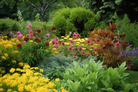 close-up of lush garden landscape, with blooming flowers and foliage visible, created with generative aiの素材