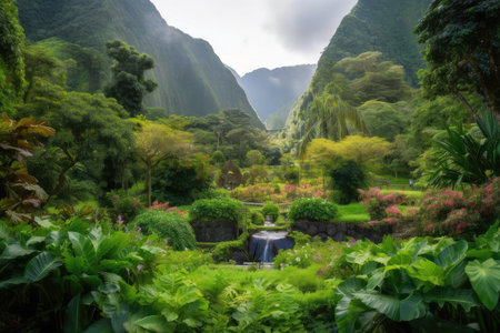 lush garden surrounded by towering mountains, with waterfalls and greenery, created with generative aiの素材
