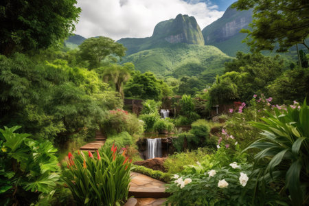 lush garden surrounded by towering mountains, with waterfalls and greenery, created with generative aiの素材