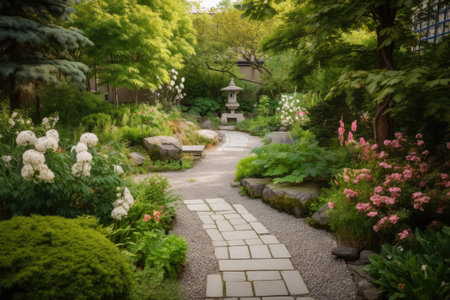 lush garden with water feature and stone pathway, surrounded by beautiful blooms, created with generative aiの素材