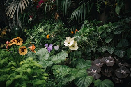 close-up of lush garden foliage and flowers, created with generative aiの素材