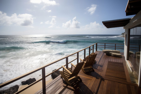 overlooking the ocean, with waves crashing on the beach, deck provides peaceful and serene setting, created with generative aiの素材