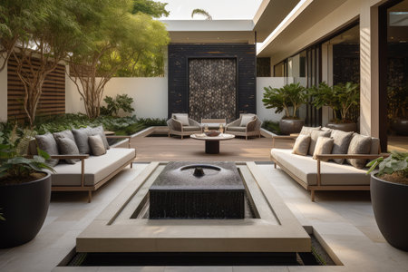 luxurious outdoor room with plush furnishings and water feature on deck, created with generative aiの素材