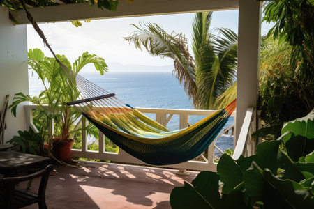tropical patio with hammock, potted plants, and view of the ocean, created with generative aiの素材