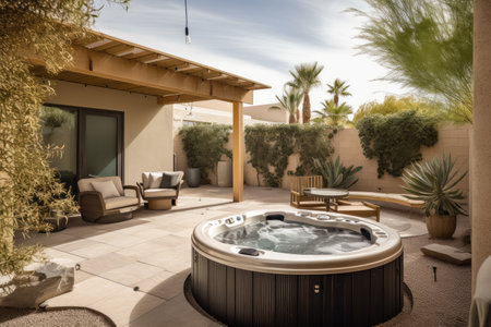 luxurious and private patio retreat with soothing spa, hot tub, and lounging area, created with generative aiの素材