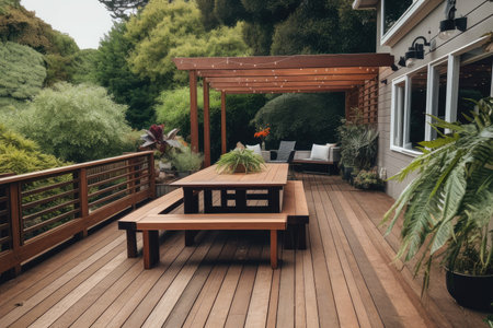 decks with built-in benches and shaded areas for comfortable gatherings, created with generative aiの素材