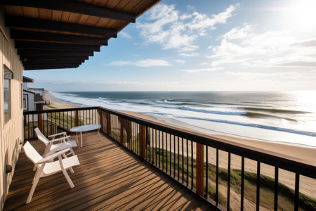 a deck with a view of the beach, surrounded by rolling waves, created with generative aiの素材