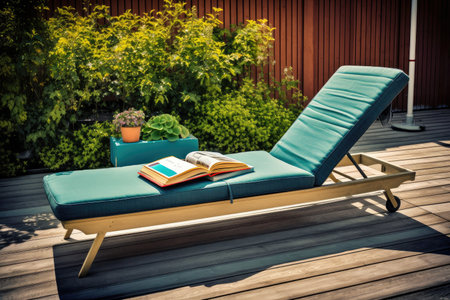 relaxing patio with sun lounger, drink, and book in the summertime, created with generative aiの素材