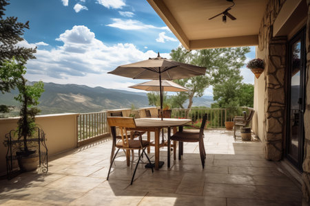 patio with seating and dining area, overlooking scenic mountain view, created with generative aiの素材