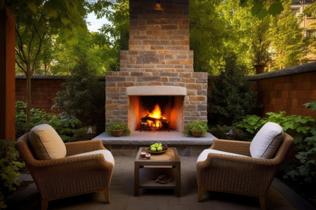 a cozy and inviting patio, with a fireplace and seating for two, created with generative aiの素材