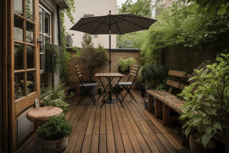 classic wooden deck with bistro table and chairs is a comfortable place to unwind after a long day, created with generative aiの素材