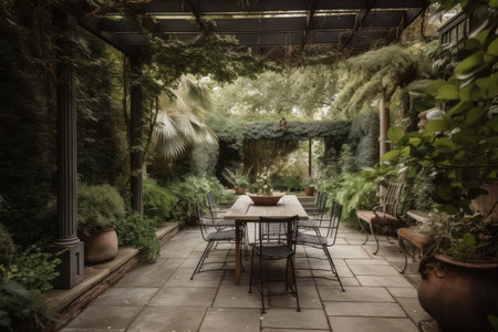 patio with outdoor dining table and chairs, surrounded by greenery, created with generative aiの素材