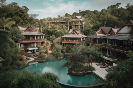 luxury resort, with sprawling deck and pool area, surrounded by tropical greenery, created with generative aiの素材