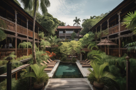 luxury resort, with sprawling deck and pool area, surrounded by tropical greenery, created with generative aiの素材