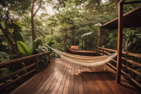 wooden deck with hammock and view of the garden, perfect place to relax, created with generative aiの素材