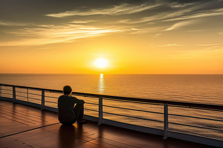 person, sitting on deck, enjoying peaceful view of the sunset, created with generative aiの素材