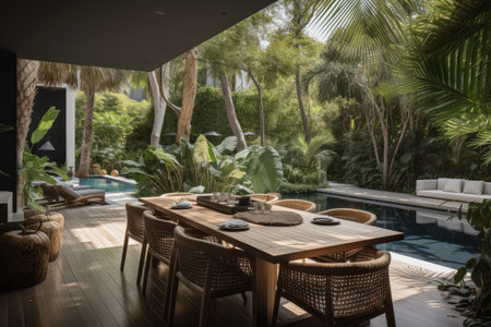 outdoor dining area with a view of the pool and lush greenery, created with generative aiの素材