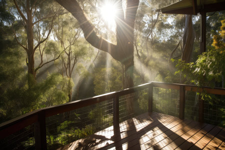 morning sun shining through the treetops onto deck, created with generative aiの素材