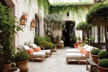 french patio with potted plants, lanterns, and lounge chairs, created with generative aiの素材