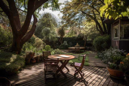 peaceful patio, surrounded by beautiful garden and towering trees, created with generative aiの素材