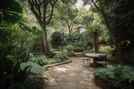 peaceful patio, surrounded by beautiful garden and towering trees, created with generative aiの素材