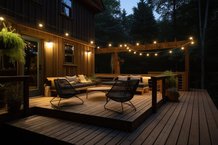 wooden deck with unique lighting and outdoor lounge decor, created with generative aiの素材