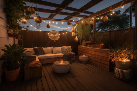 wooden deck with unique lighting and outdoor lounge decor, created with generative aiの素材