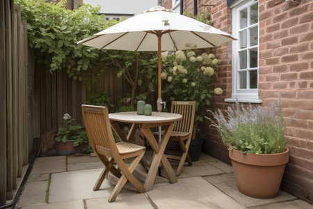 patio with bistro table and chairs for alfresco dining, created with generative aiの素材