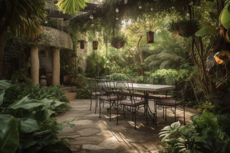 outdoor dining area with table and chairs, surrounded by lush greenery, created with generative aiの素材