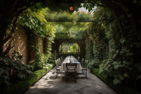 outdoor dining area with table and chairs, surrounded by lush greenery, created with generative aiの素材