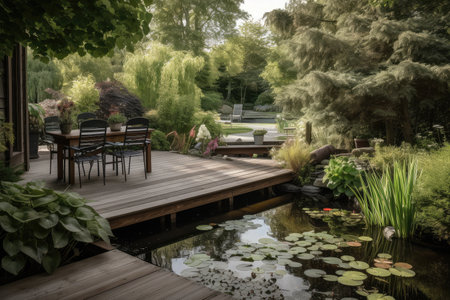 patio and deck with view of a serene pond, surrounded by greenery, created with generative aiの素材