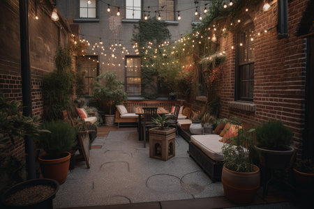 patio with potted plants, string lights and cozy seating, created with generative aiの素材