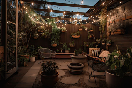 patio with potted plants, string lights and cozy seating, created with generative aiの素材