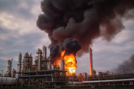 petrochemical plant, with smoke and flames coming from the tall stacks, created with generative aiの素材