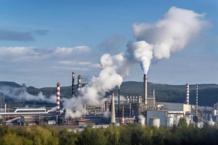 petrochemical plant, with smoke and steam rising from the facility, created with generative aiの素材