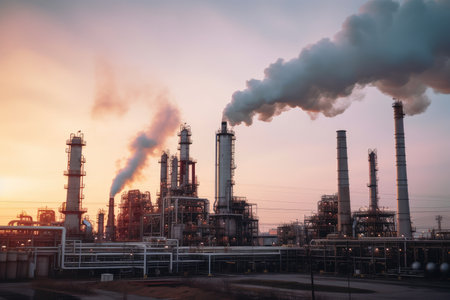 petrochemical plant, with smoke billowing from multiple stacks, created with generative aiの素材