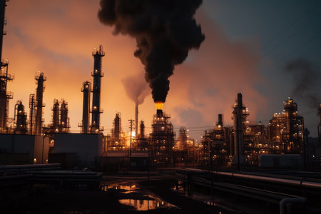 refinery, with smoke and flames rising from the furnaces, created with generative aiの素材