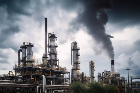 refinery, with steam and smoke rising from the process of extracting oil, created with generative aiの素材